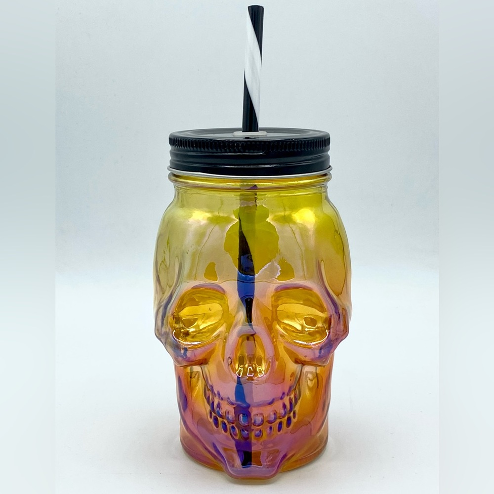 WTC Skull Glass Sipper Mason Jar Lid & Straw Iridescent Orange/Purple Halloween